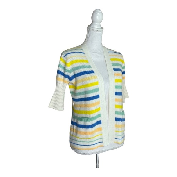 Vintage Knit Open Front Cardigan Pockets Pastel Stripes White Yellow Blue - Picture 2 of 9